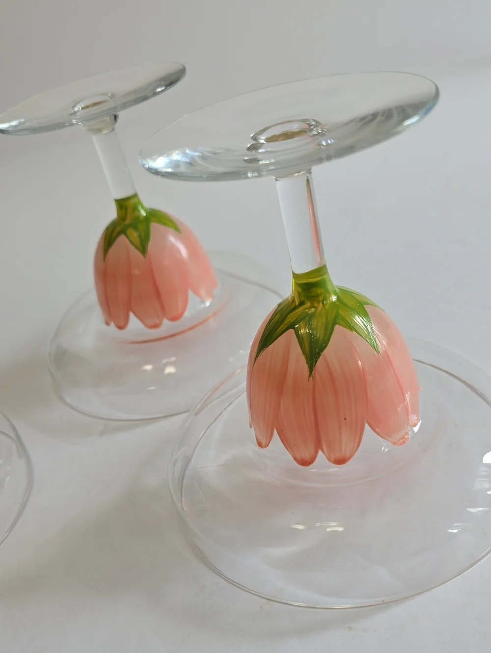 Vintage MCM Tiki Set Of 3 Handpainted Pink Tulip Margarita Stemware Glasses
